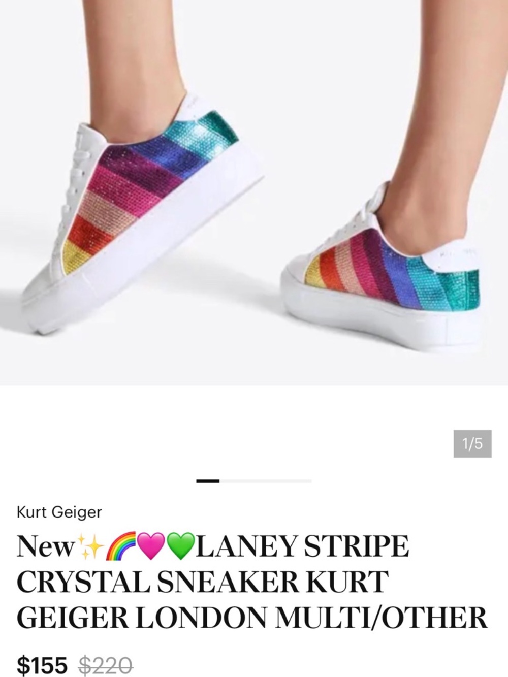Kurt Geiger White Sneakers with Rainbow Crystal Stripes brand new runs small 1